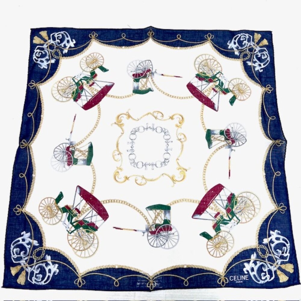 New GreatGift Celine Paris Mini Scarf 19" Cotton Carriage blue white logo( 54) - Picture 6 of 8